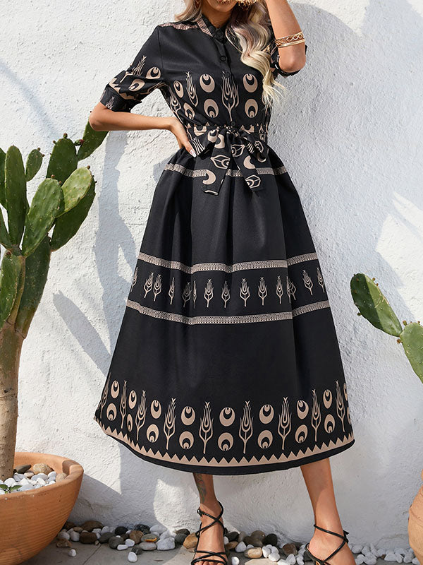 A-Line Half Sleeves Buttoned Tied Waist Lapel Midi Dresses