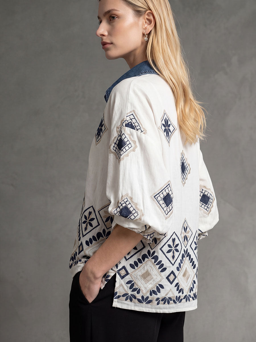 Half Sleeves Loose Buttoned Contrast Color Embroidered Leaves Print Lapel Blouses&Shirts Tops