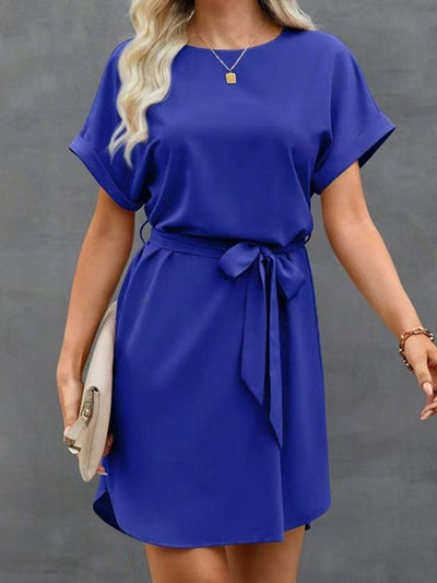 Loose Short Sleeves Solid Color Tied Waist Round-Neck Mini Dresses