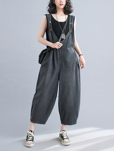 Cropped Loose Denim Buttoned Overalls