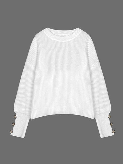 Long Sleeves Loose Buttoned Solid Color Split-Joint Round-Neck Pullovers Sweater Tops