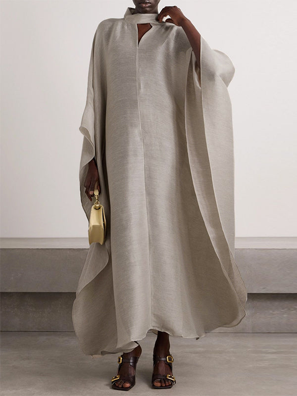 Batwing Sleeves Loose Solid Color Stand Collar Maxi Dresses