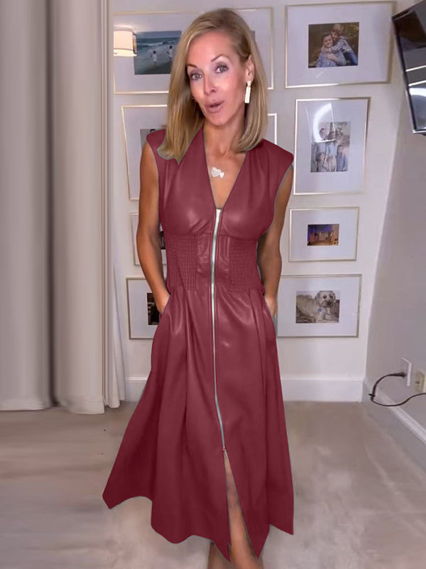 A-Line Elasticated Waist Pockets Solid Color Split-Joint Zipper V-Neck Midi Dresses