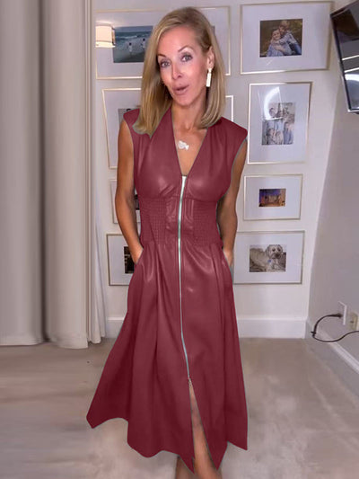 A-Line Elasticated Waist Pockets Solid Color Split-Joint Zipper V-Neck Midi Dresses