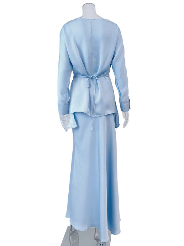 Loose Solid Color Split-Joint Boat Neck Long Sleeves Blouse & Shirt + Skirt Two Pieces Set