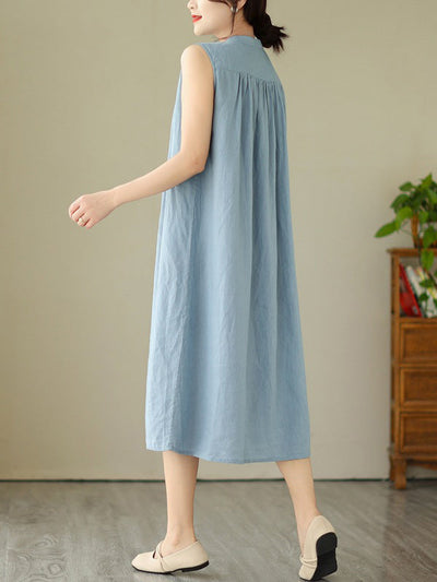 A-Line Sleeveless Buttoned Pleated Solid Color Round-Neck Midi Dresses