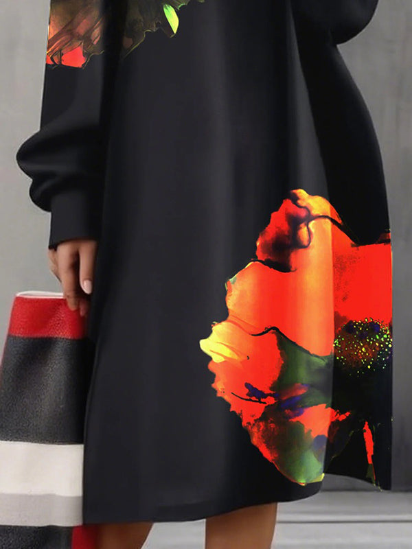 A-line Long Sleeves Flower Print Pockets Round-neck Midi Dresses