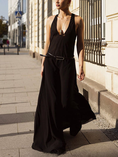 Loose Sleeveless Belted See-Through Solid Color Halter-Neck Maxi Dresses