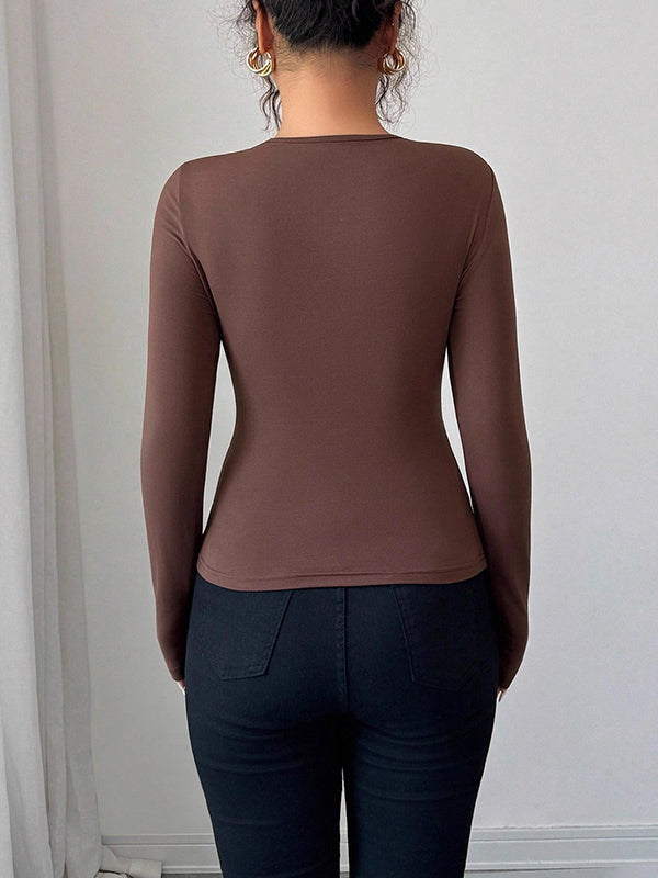 Long Sleeves Skinny Solid Color Split-Joint Asymmetric Collar T-Shirts
