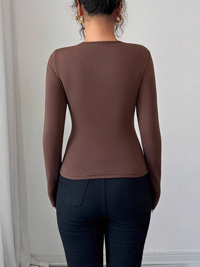 Long Sleeves Skinny Solid Color Split-Joint Asymmetric Collar T-Shirts