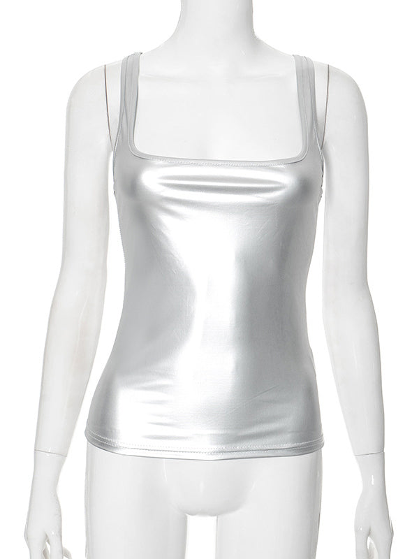 Skinny Sleeveless Shiny Solid Color Split-Joint Spaghetti-Neck Vest Top