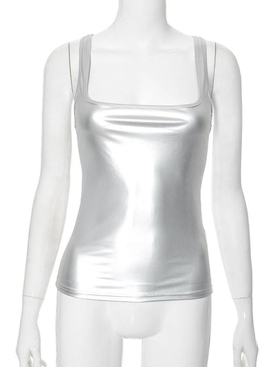 Skinny Sleeveless Shiny Solid Color Split-Joint Spaghetti-Neck Vest Top