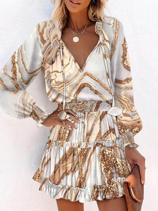 A-Line Long Sleeves Contrast Color Pleated Split-Joint Tied V-Neck Mini Dresses