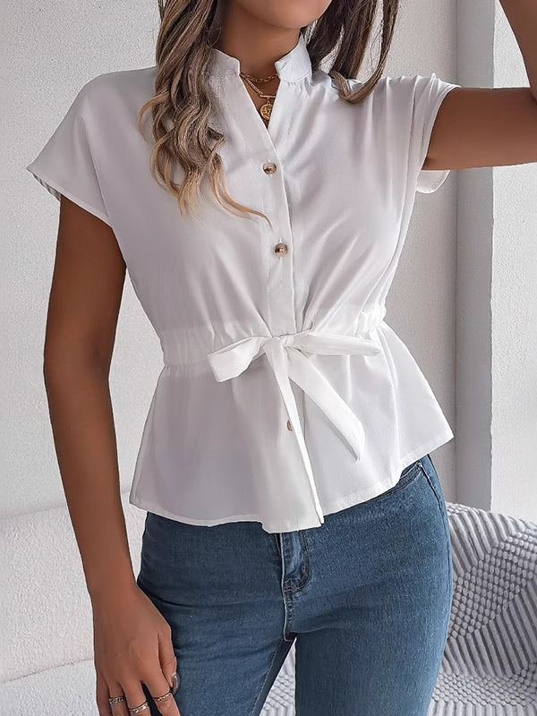 Short Sleeves Buttoned Comfort Solid Color Tied Waist Stand Collar Blouses&Shirts Tops