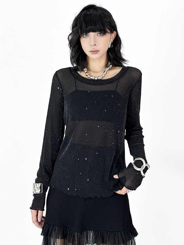 Long Sleeves Loose See-Through Shiny Round-Neck T-Shirts Tops