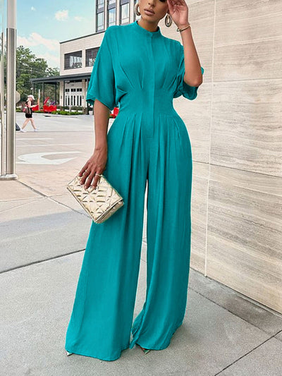 Half Sleeves High Waisted Pleated Solid Color Mock Neck Jumpsuits