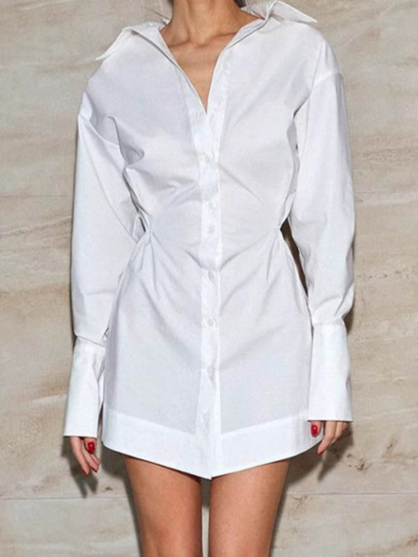 High Waisted Long Sleeves Buttoned Pleated Solid Color Lapel Mini Dresses Shirt Dress