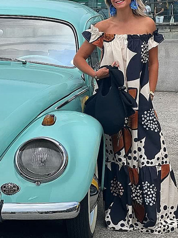 Loose Short Sleeves Flower Print Split-Joint Off-The-Shoulder Maxi Dresses