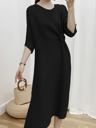Half Sleeves Irregular Clipping Pleated Solid Color Round-Neck Midi Dresses