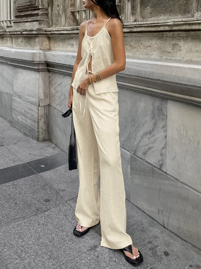 Solid Color Halter-Neck Cropped Pleated Split-Joint Tank Top + High Waisted Elasticity  Tied Waist Pants Trousers Two Pieces Set
