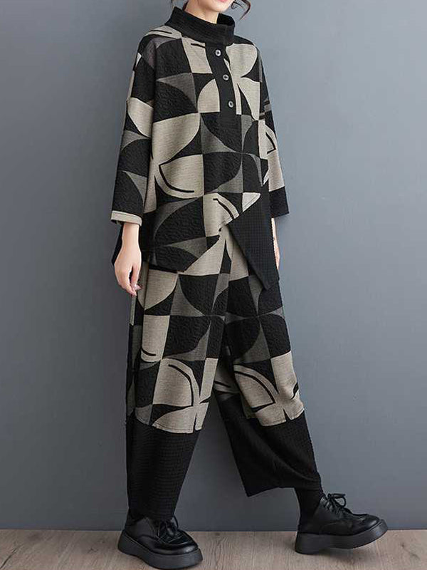 Long Sleeves Asymmetric Buttoned Printed Stand Collar Sweatshirt Top + Harem Pants Pants Bottom Two Pieces Set