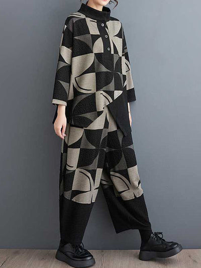 Long Sleeves Asymmetric Buttoned Printed Stand Collar Sweatshirt Top + Harem Pants Pants Bottom Two Pieces Set