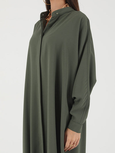 Batwing Sleeves Loose Buttoned Muslim Solid Color Split-Side Round-Neck Maxi Dresses