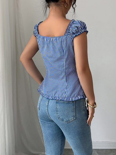 Puff Sleeves Skinny Buttoned Pleated Striped Square-Neck Blouses&Shirts Tops