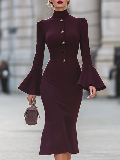 Bodycon Flared Sleeves Buttoned Solid Color High Neck Midi Dresses