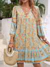 A-Line Loose Contrast Color Drawstring Flower Print Pleated Split-Joint V-Neck Mini Dresses