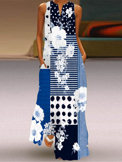 A-Line Loose Contrast Color Pockets Printed Split-Joint V-Neck Maxi Dresses
