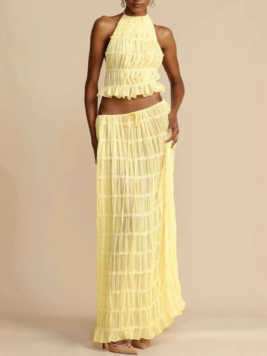 Pleated Solid Color Textured Halter-Neck Cropped Backless Ruffled Tank Top + Tied Waist High Waisted Skirts Bottoms Two Pieces Set