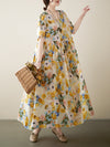 A-Line Loose Floral Printed Round-Neck Midi Dresses