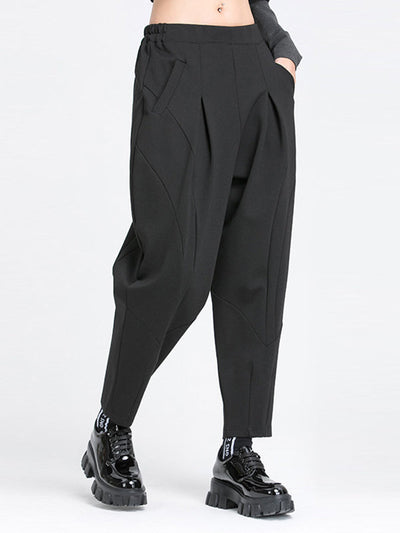Harem Pants Loose Elasticity Pleated Pockets Solid Color Split-Joint Pants