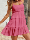 A-Line Loose Jacquard Layered Pleated Solid Color Split-Joint Spaghetti-Neck Mini Dresses