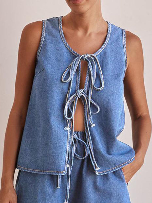 Loose Sleeveless Lace-Up Split-Joint Round-Neck Vest Top