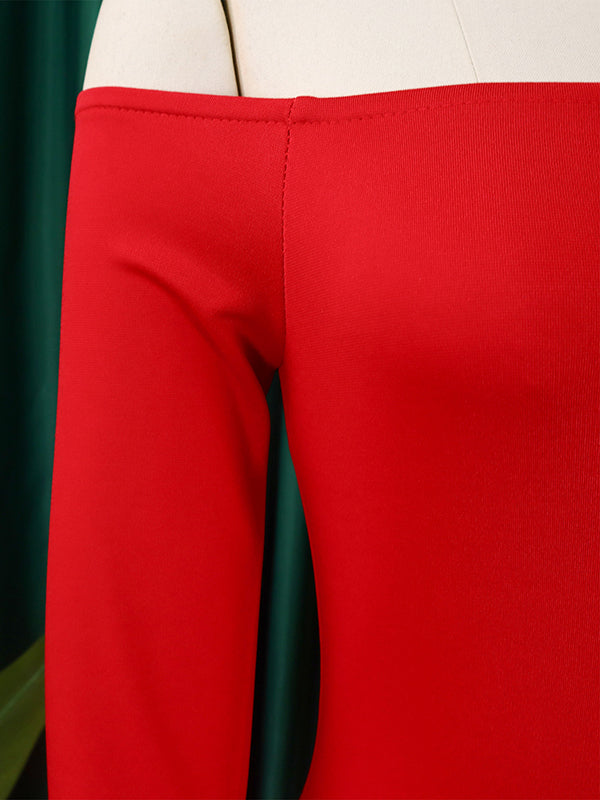 Bodycon Flared Sleeves Falbala Solid Color Split-side Off-the-shoulder Maxi Dresses