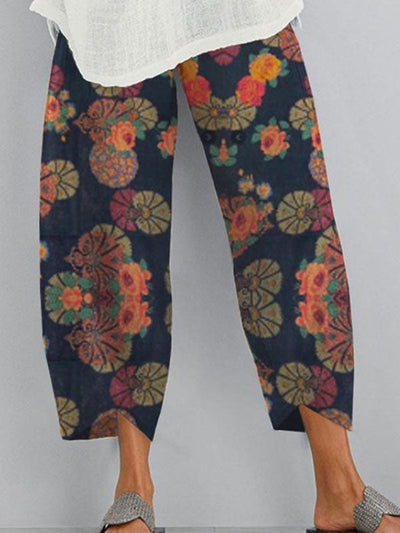 Loose Flower Print Pockets Split-Joint Pants Trousers