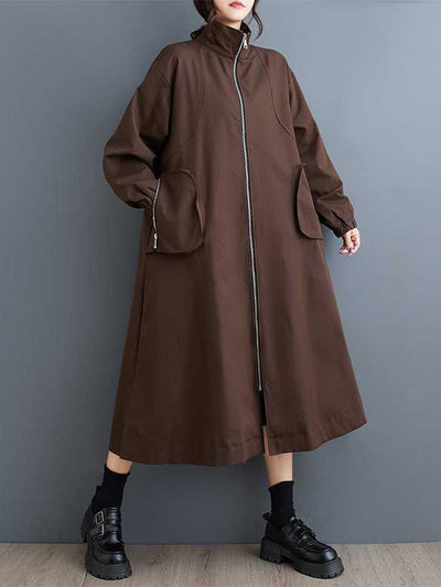 Long Sleeves Loose Elasticity Pockets Split-Joint Zipper High Neck Outerwear Trench Coats