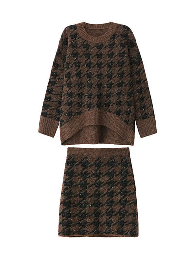 Contrast Color Split-Joint Ribs Shiny Swallow Gird/Houndstooth Round-Neck Sweater Tops + A-Line Elasticated Waist Skirts Bottoms  Two Pieces Set