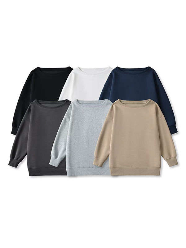 Long Sleeves Loose Solid Color Split-Joint Round-Neck Sweatshirt Tops