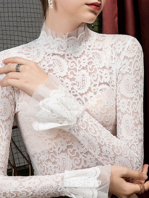 Flared Sleeves Long Sleeves See-Through Solid Color Split-Joint Mock Neck T-Shirts Tops