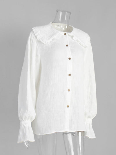Long Sleeves Ruffled See-Through Split-Joint Peter Pan Collar Blouses&Shirts Tops