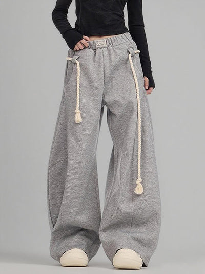 High Waisted Loose Drawstring Elasticity Pockets Solid Color Pants Trousers