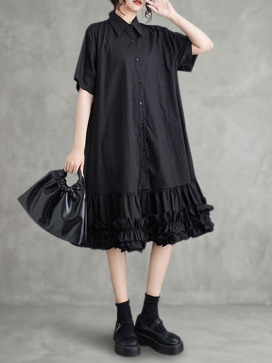 Half Sleeves Loose Buttoned Pleated Ruffled Solid Color Lapel Midi Dresses Shirt Dress