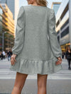A-Line Long Sleeves Jacquard Pleated Solid Color Split-Joint Round-Neck Mini Dresses