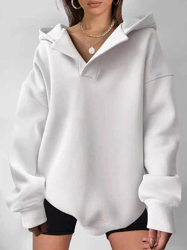Loose Puff Sleeves Solid Color Split-Joint Hooded Hoodies Tops
