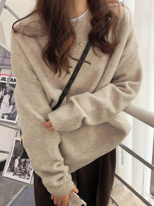 Simple Loose Long Sleeves Round-Neck Sweater Tops Pullovers