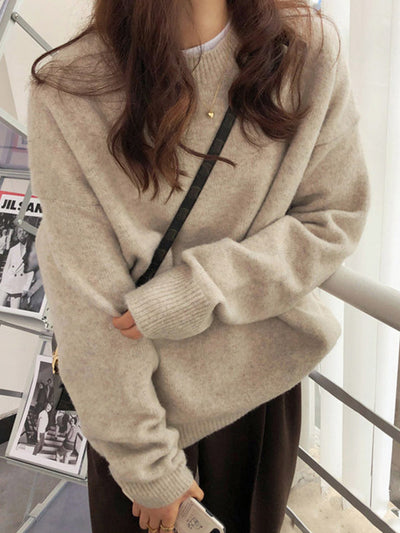 Simple Loose Long Sleeves Round-Neck Sweater Tops Pullovers