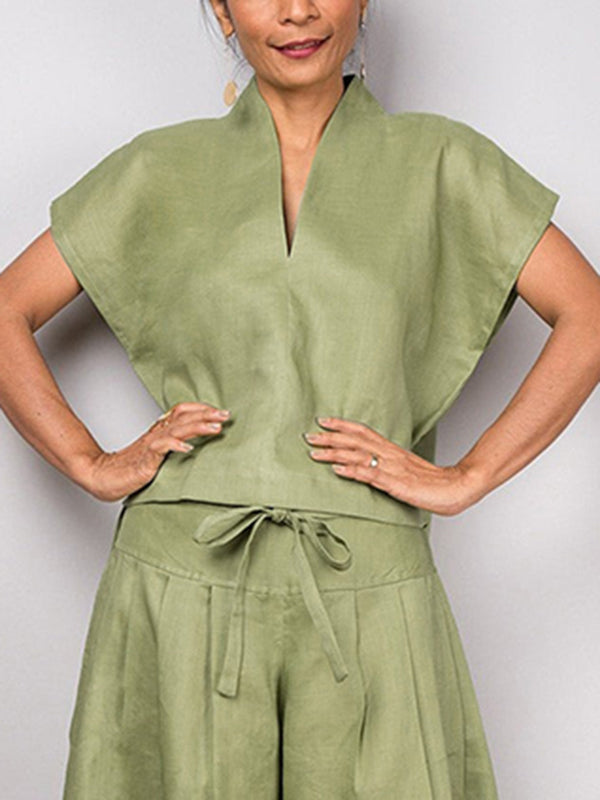 Batwing Sleeves Loose Solid Color Split-Joint V-Neck Blouses&Shirts Tops